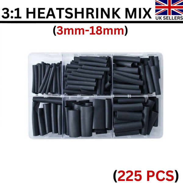 Assorted Box of Heat Shrink 3:1 Black (Adhesive-Lined 3-18mm. 40mm Long) 225 Pcs