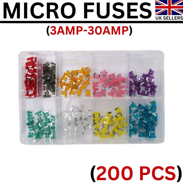 Assorted Box of Micro Fuses Mixed Fuse (3 AMP - 30 AMP) Fuses 200 Pcs Car Auto