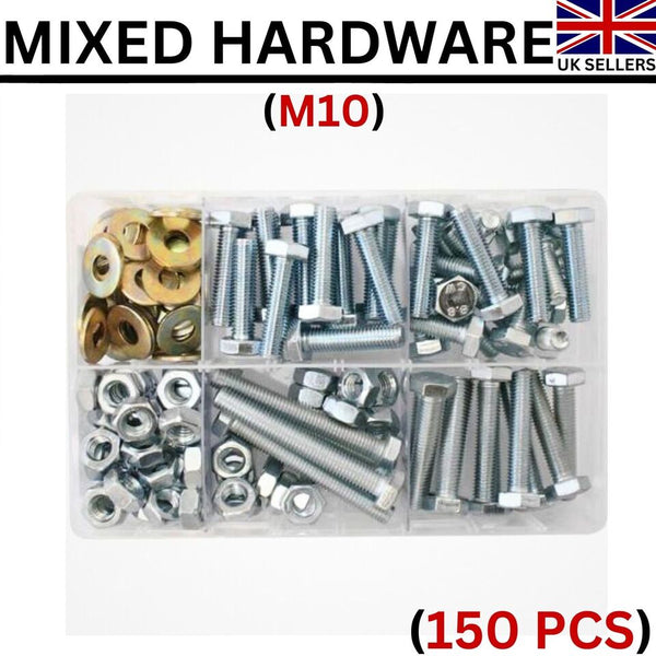 150 Pcs Assorted Box of Metric Mixed Hardware M10 Setscrews, Nuts & Flat Washers