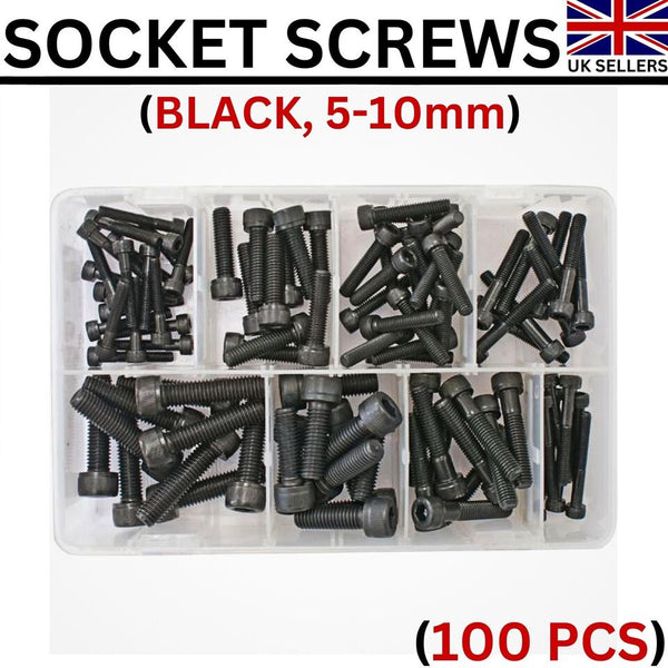 100 Pcs Assorted Box of Metric Socket Screws Cap Head Black M5, M6, M8 & M10