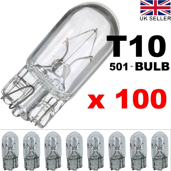 T10 501 Bulbs 12v 5W sidelight Capless Number Plate w5w Halogen Car Bulb (x 100)