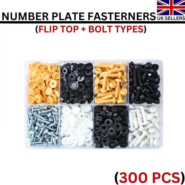 300 Pcs Assorted Box of Number Plate Fastener Screws Cap (Flip Top + Bolt Types)