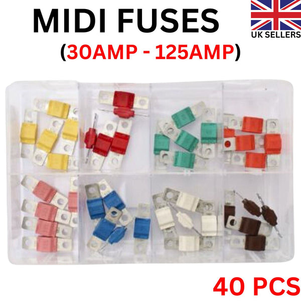 Midi Fuses Assorted Box of (30 AMP - 125 AMP) Fuse 40 Pcs for Car Van Truck Boat