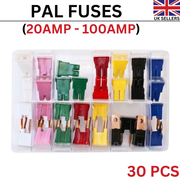 Assorted Box of Pal Fuse Male & Female (20 AMP - 100AMP) Fuse 30 Pcs for Car Van