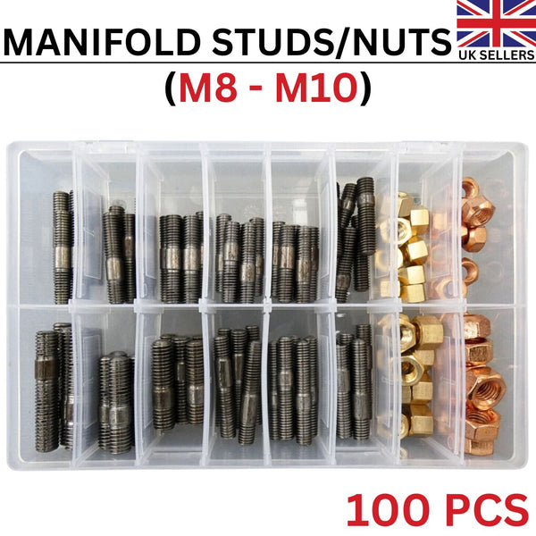 100 PCS ASSORTED BOX OF EXHAUST MANIFOLD STUDS/NUTS (MOST POPULAR METRIC SIZES)