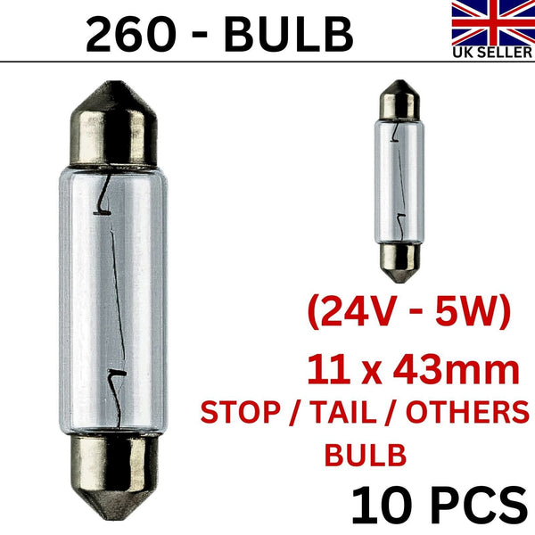 24V-5W Interior Light Number Plate Auto Festoon Bulb(11 x 43mm) 260 (Pack of 10)