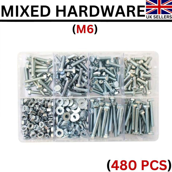 480 Pcs Assorted Box of Metric Mixed Hardware M6 Setscrews, Nuts & Flat Washers