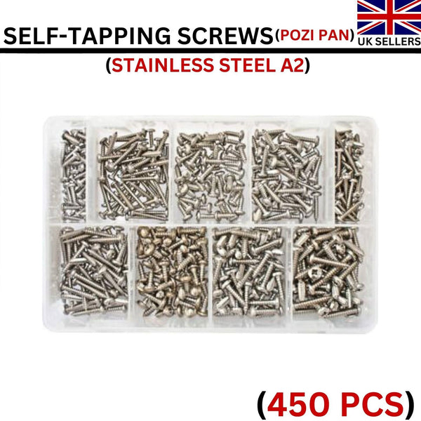 450 Pcs Self-Tapping Screws Assorted Box of Pozi Pan (Stainless Steel A2 Grade)