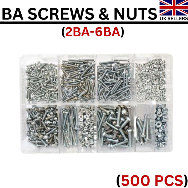 500 Pcs Assorted Box of 2BA - 6BA Screws And Nuts Round Head Slotted Screws BZP