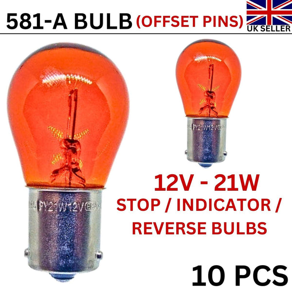 10 x 581 Bulbs Stop Brake Light Flasher 12V-21W BAU 15S AMBER With Off Set Pins