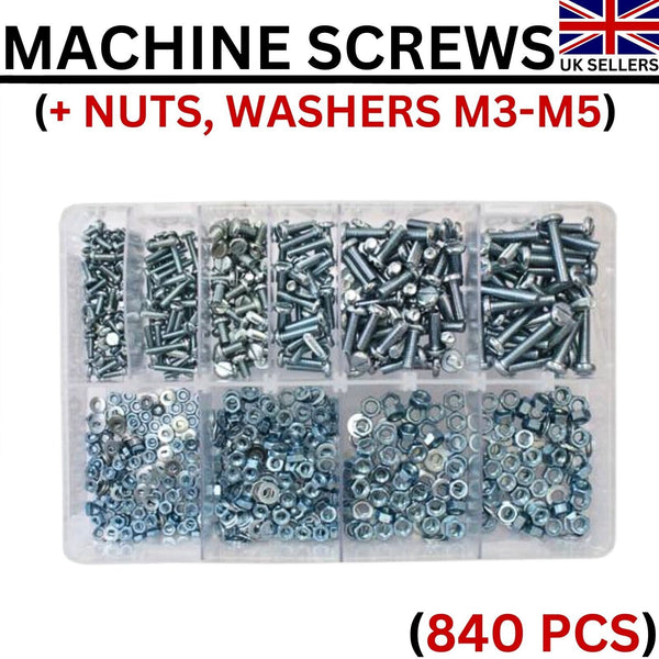 840 Pcs Assorted Box of Machine Screws (+Nuts & Washers) Metric M3-M5 Round Head