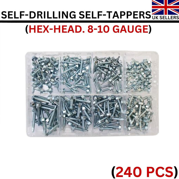 240 Pcs Assorted Box of Self-Drilling Self-Tappers Hex-Head 8-10 Gauge BZP Screw