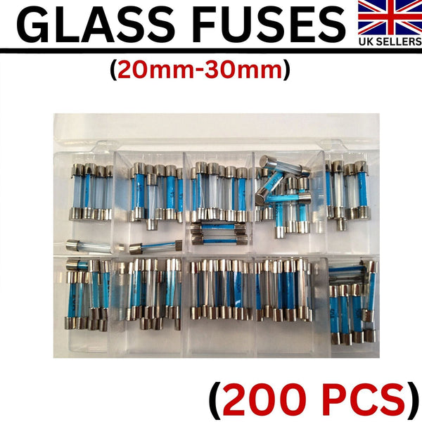 200x Glass Fuses Assorted Box 1A -10A (20mm) Fuse 2A -50A (30mm) Glass fuse