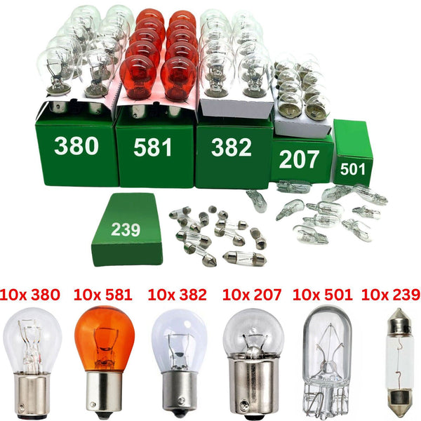 60x Car Bulb Garage Pack Assorted 12v Bulbs -10Pcs EACH 380 382 581 207 501 239