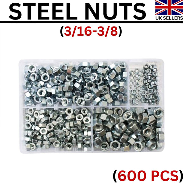 600 Pcs Assorted Box of Imperial Steel Nuts UNF (3/16 - 3/8 UNF. BZP) Steel Nuts