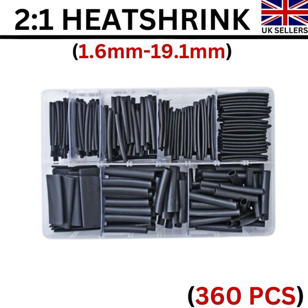 Assorted Box 360 Pcs Heat Shrink 2:1 Ratio Black (1.6mm-19.1mm. 40mm Long) UK