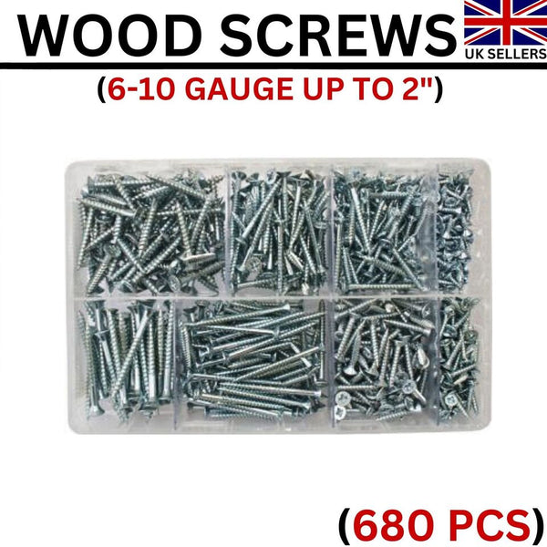 Assorted Box of Wood Screws (6-8-10 Gauge Up To 2") BZP 680 Pcs Wood Screws