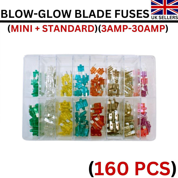 Assorted Box of Glow Blow Blade Fuses Mini & Standard (3 AMP - 30 AMP) 160 Pcs