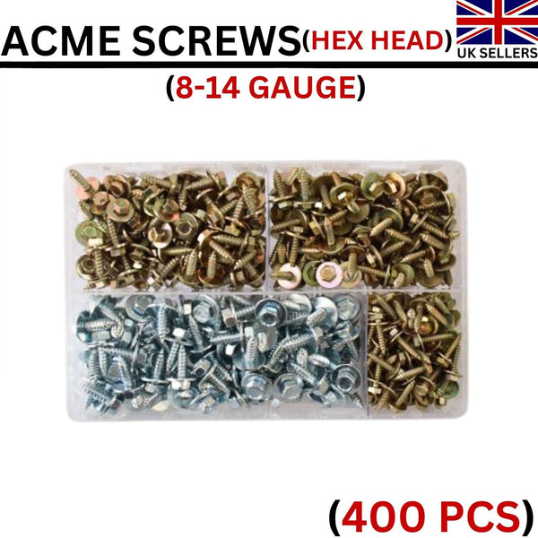 400 x Acme Screw Assorted Box Hex-Washer Head Self Drilling 8-14 Gauge BZP Screw