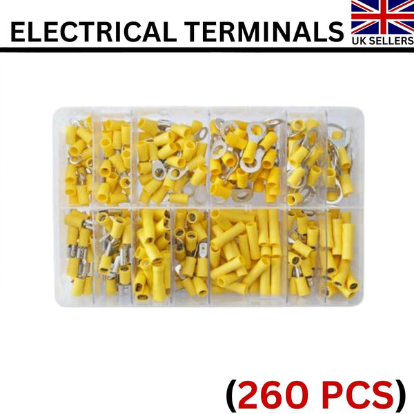 Assorted Box of 260Pcs Yellow Electrical Terminals Butt Ring Fork Spade Tab UK